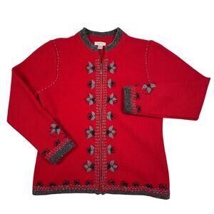 Christopher & Banks Vintage Embroidered Zip Up Cardigan Sweater Women's L Red